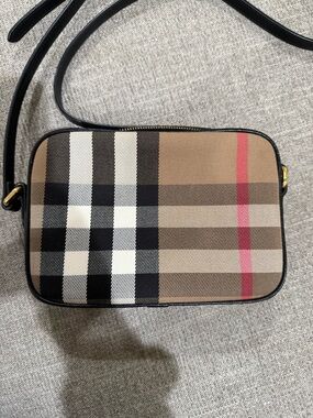 Burberry Classic Check Canvas Crossbody in Tan, Black & Red
